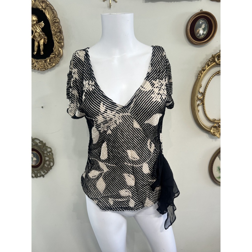 Helen Wang Vintage Y2K Black White Burnout Velvet Floral V-Neck Top Size 8 NWT